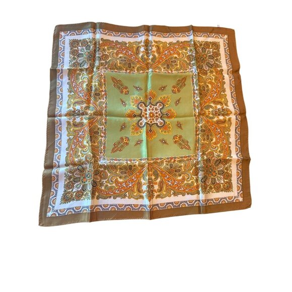 Vintage Green & Brown Paisley Floral Scarf All Acetate Made In Japan Square - Picture 4 of 5